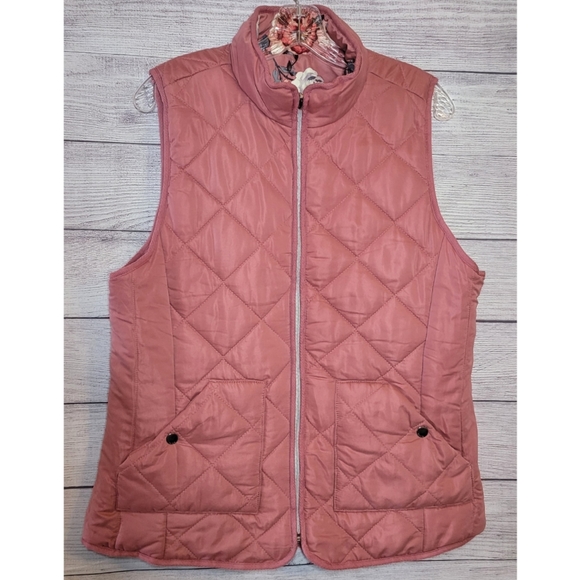 Kensie Jeans Women’s Down Quilted Puffer Vest Size L Pink Floral Reversible Zip - Picture 3 of 7